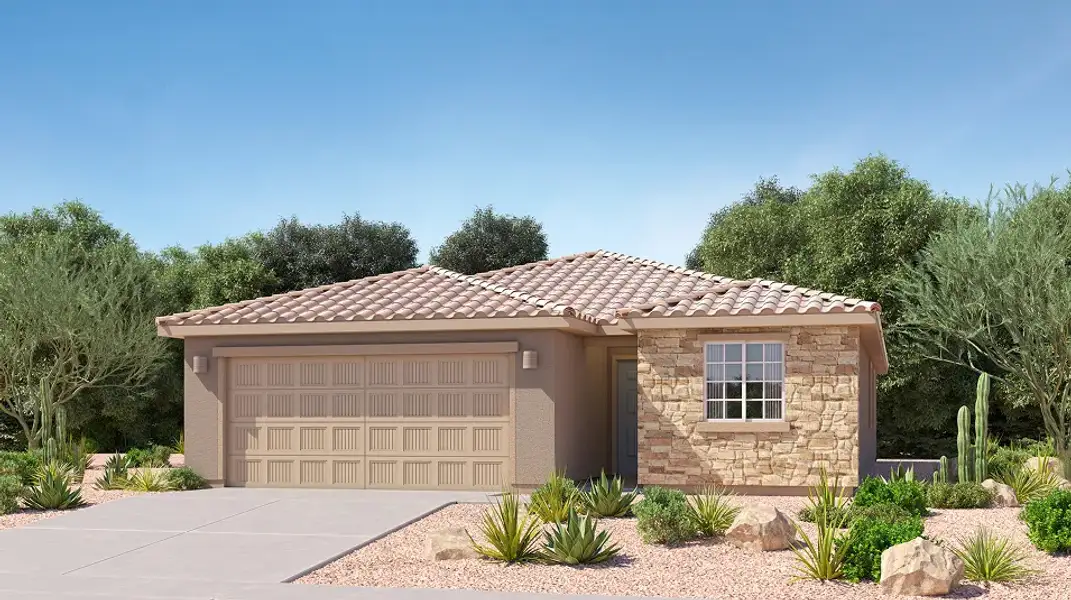Front exterior of a new home in Monarch, Marana, AZ, highlighting curb appeal (Image 1). Front exterior of a new home in Monarch, Marana, AZ, highlighting curb appeal (Image 1).