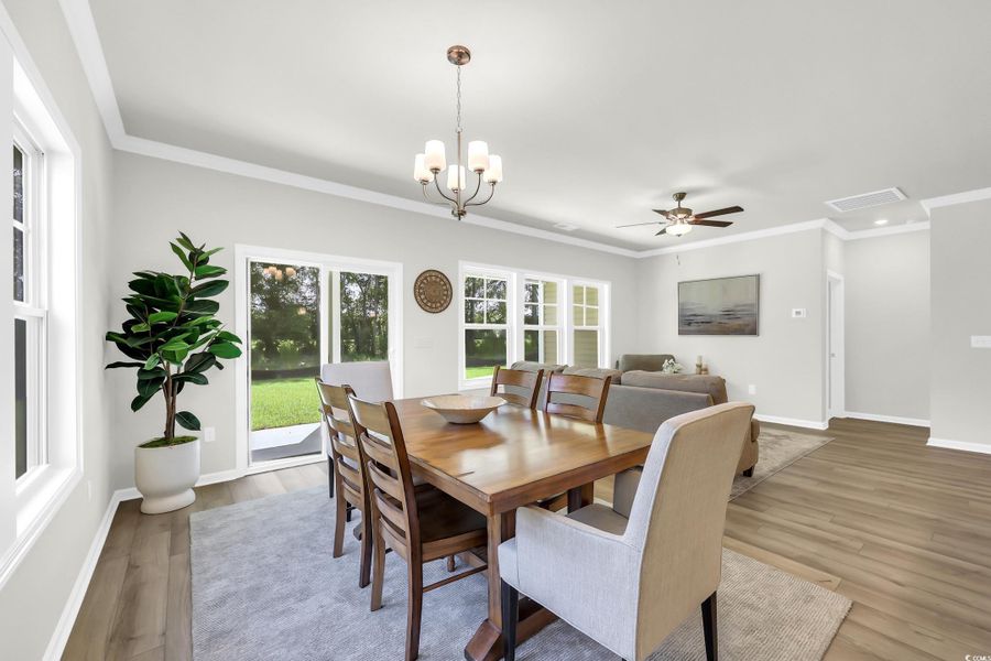 Dining room with crown molding, wood finished floors, ceiling fan, and a chandelier Dining room with crown molding, wood finished floors, ceiling fan, and a chandelier