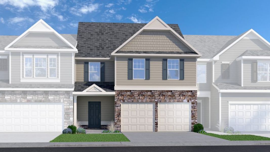 Representative exterior photo of a completed home built from the Boxwood Townhome by Piedmont Residential in The Retreat at Browns Ridge, Newnan, GA (Image 2). Representative exterior photo of a completed home built from the Boxwood Townhome by Piedmont Residential in The Retreat at Browns Ridge, Newnan, GA (Image 2).