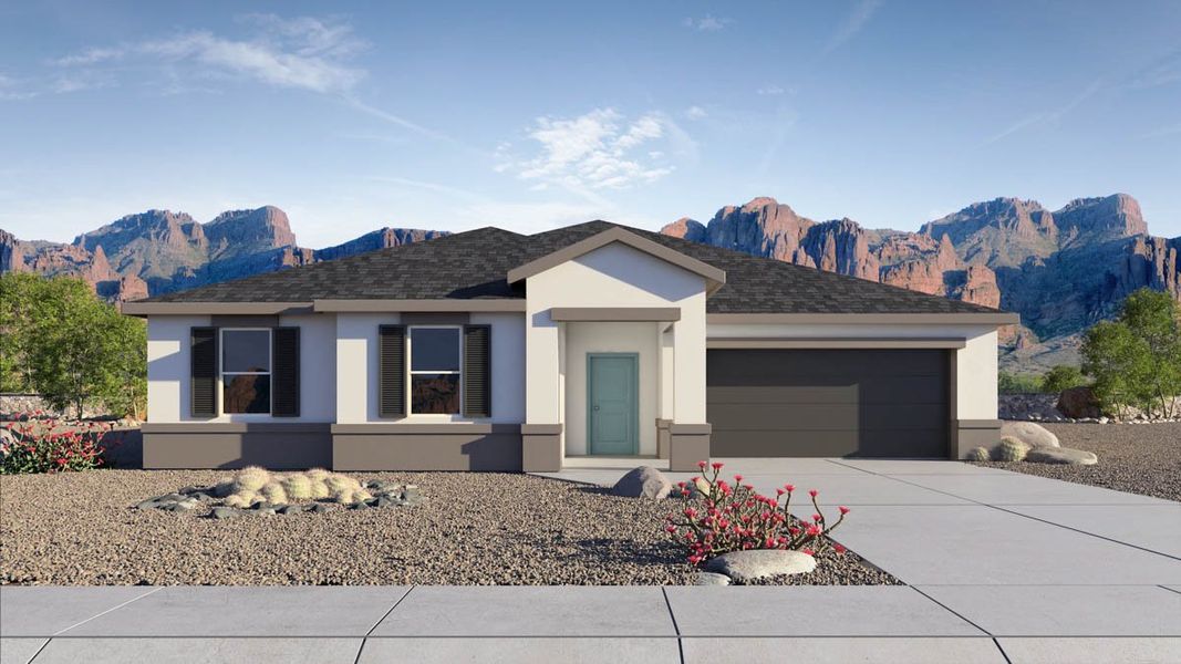 Front exterior of a new home in Carlton Commons, Casa Grande, AZ, highlighting curb appeal (Image 1). Front exterior of a new home in Carlton Commons, Casa Grande, AZ, highlighting curb appeal (Image 1).
