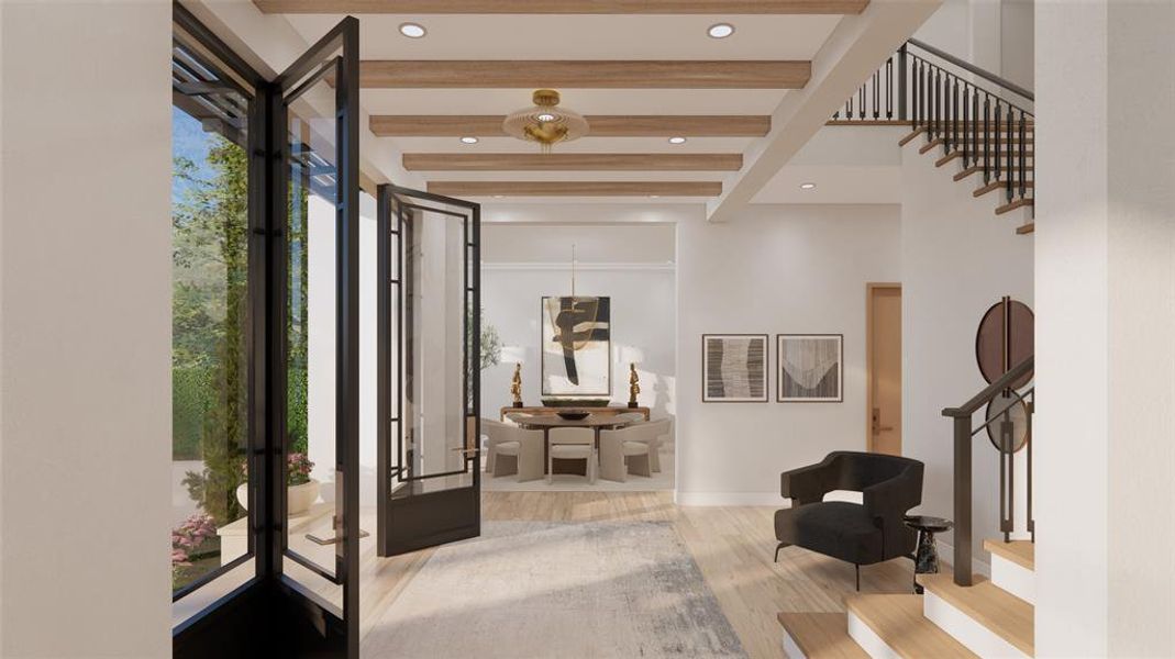 Foyer with white oak beamed ceiling