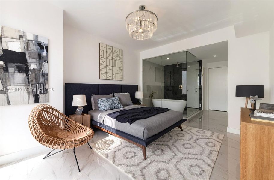 Serene primary suite offering unobstructed water views, direct terrace access, oversized walk-in closets, and floor-to-ceiling windows for a true 'mansion in the sky' feel. Image is virtually staged.