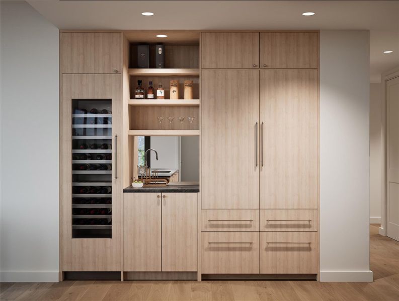 Built-in wet bar with cabinetry, open shelving, and wine tower. Twilight Palette Built-in wet bar with cabinetry, open shelving, and wine tower. Twilight Palette