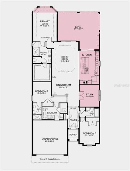 Floor Plan - Additional highlights include: gourmet kitchen, bay window at primary suite, study in place of flex, 8' interior doors, covered extended lanai, pool and spa prewire, and 4' extended garage Floor Plan - Additional highlights include: gourmet kitchen, bay window at primary suite, study in place of flex, 8' interior doors, covered extended lanai, pool and spa prewire, and 4' extended garage