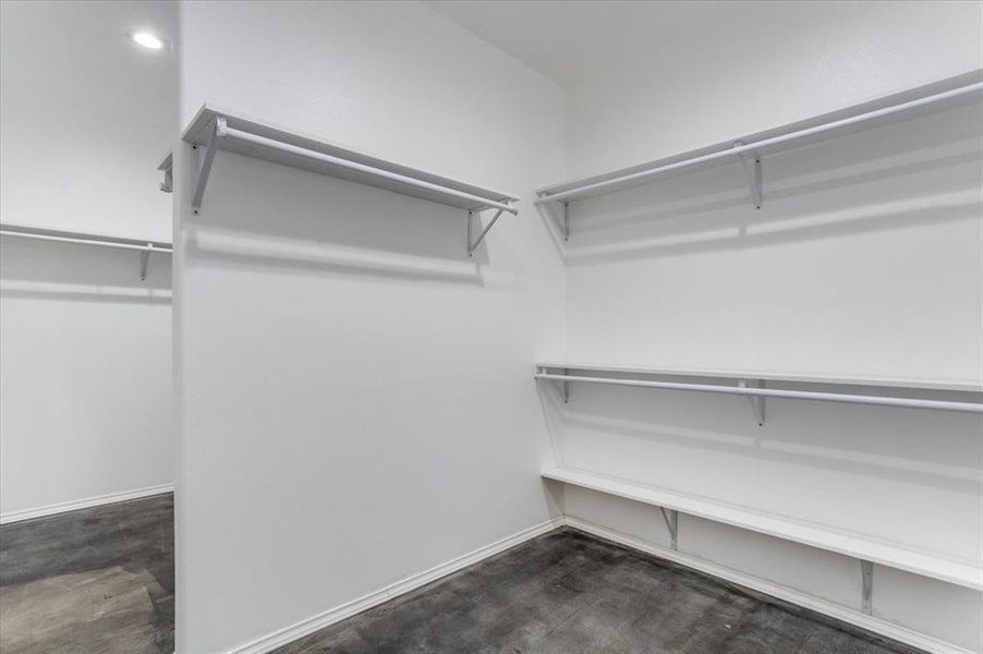 Spacious walk-in closet featuring multiple shelving units, clothing rods, and wood-finish flooring