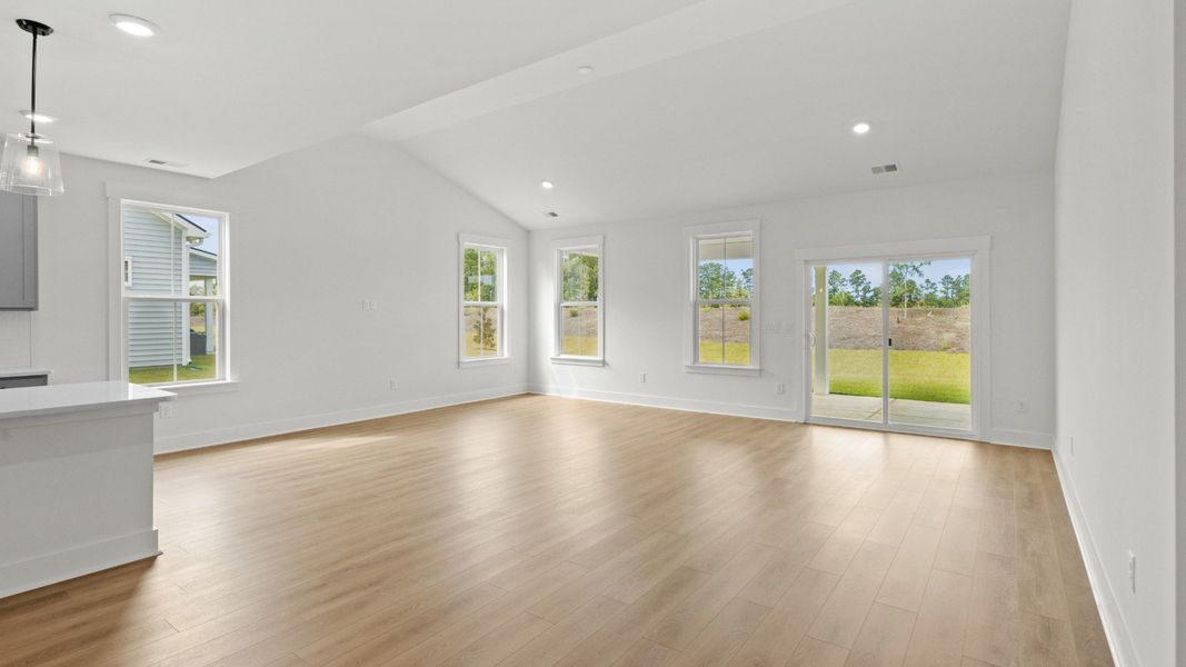 Light-filled living room with vaulted ceilings and scenic rear views.