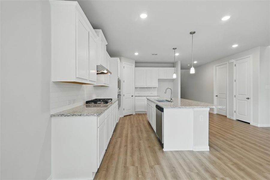 Kitchen with stainless steel appliances, under cabinet range hood, light wood finished floors, recessed lighting, and a sink Kitchen with stainless steel appliances, under cabinet range hood, light wood finished floors, recessed lighting, and a sink