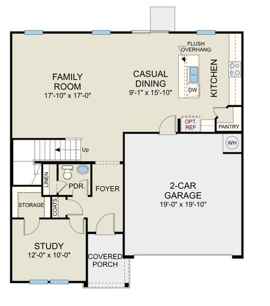 2D floor plan layout for the Prelude - Single Family Homes by Dream Finders Homes in The View at Holt Lake, Four Oaks, NC (Image 3).