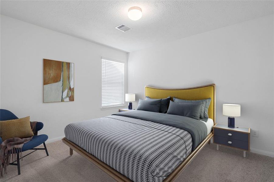 Secondary bedroom features plush carpet, custom paint, light, ample closet space, and a large window with privacy blinds.