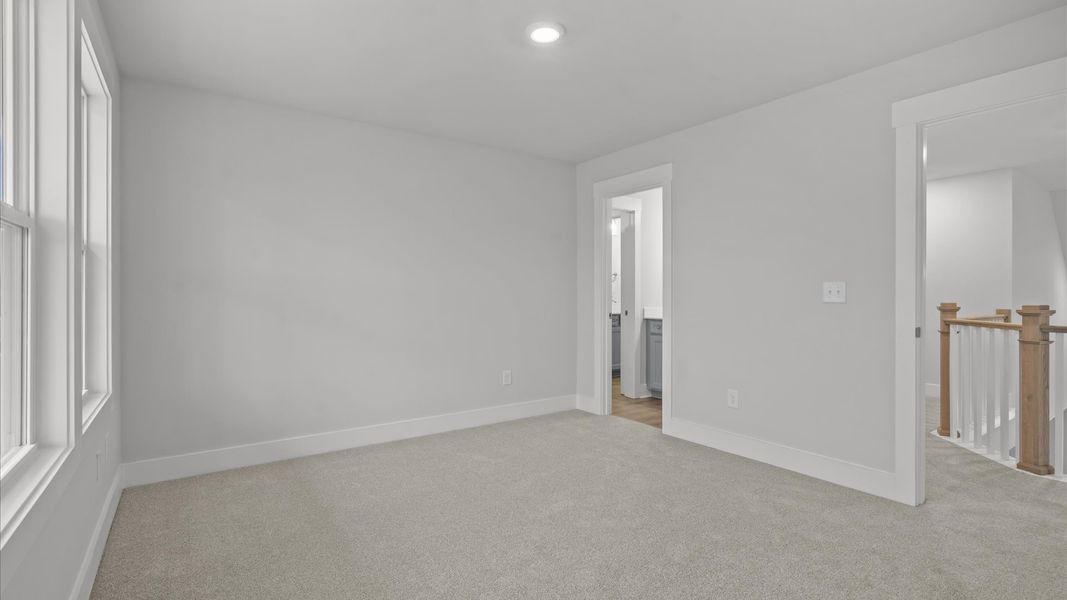 Notable bedroom offering soft carpet, a walk-in closet, and expansive windows overlooking the yard