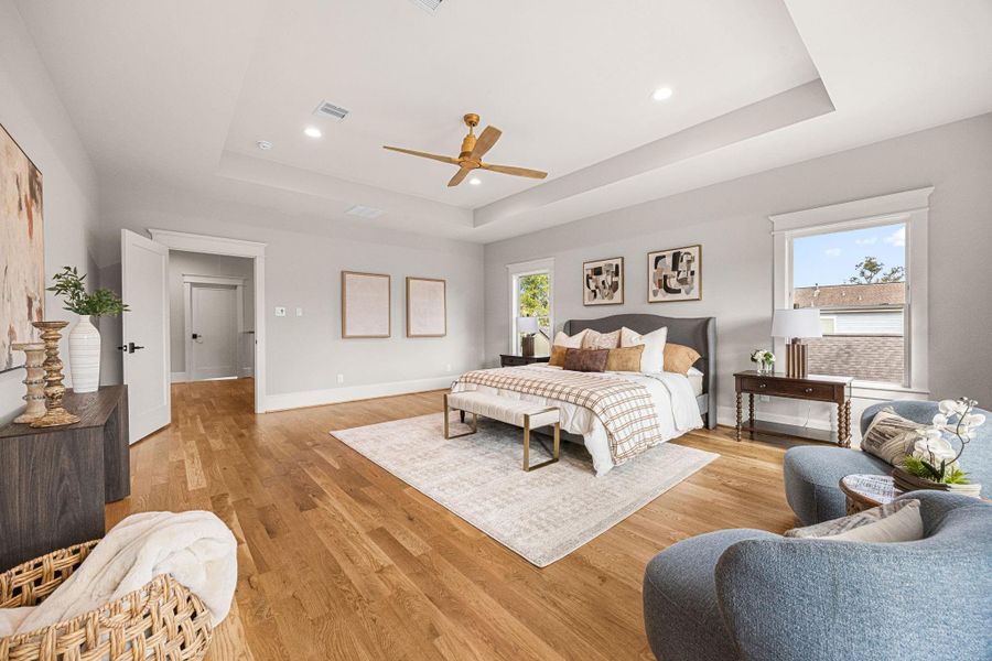 Primary bedroom oriented to the front of the house. Primary bedroom oriented to the front of the house.