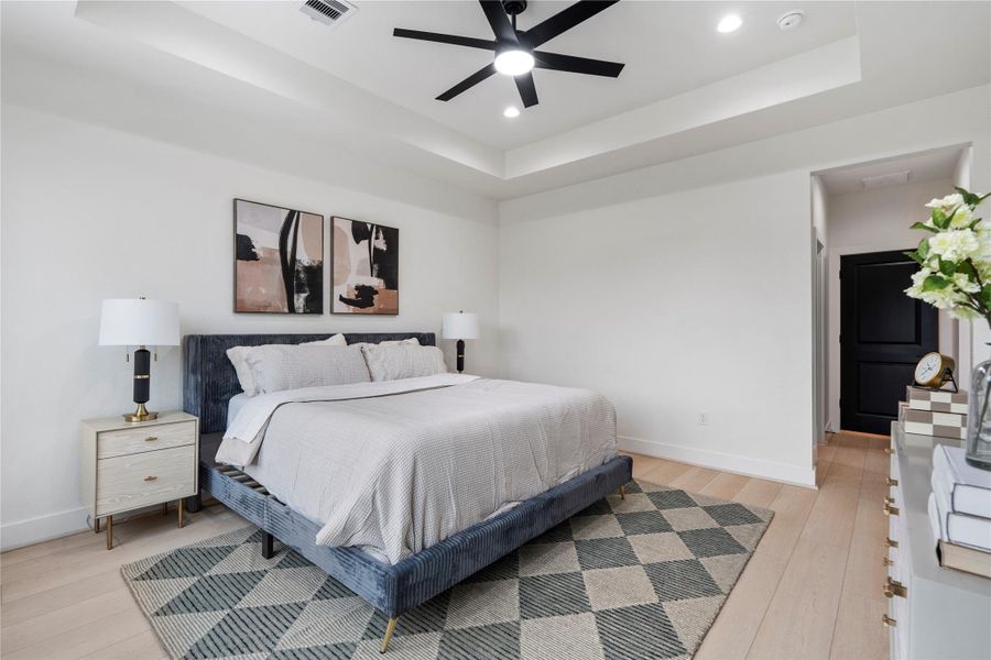 Primary suite with tray ceiling detail and spacious layout. Primary suite with tray ceiling detail and spacious layout.