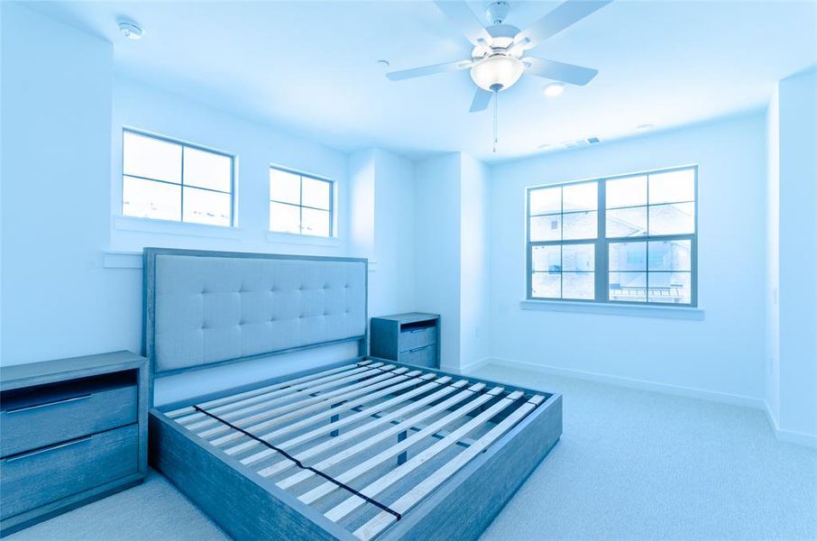 Unfurnished bedroom featuring carpet, a ceiling fan, and multiple windows
