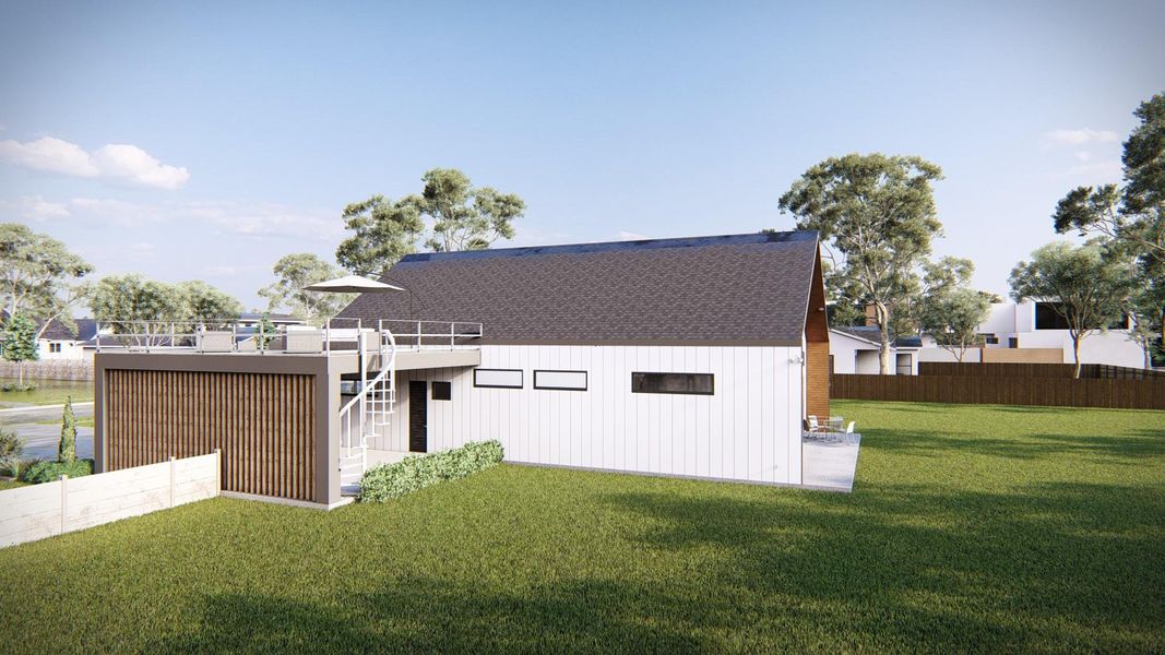 Rear view of house featuring stairs and a shingled roof