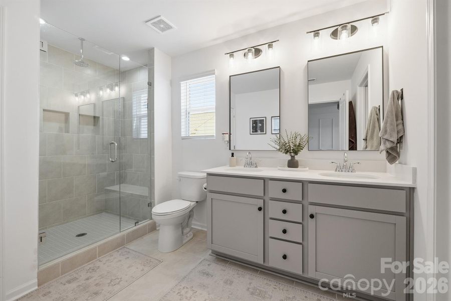 Primary bath with dual sink vanity