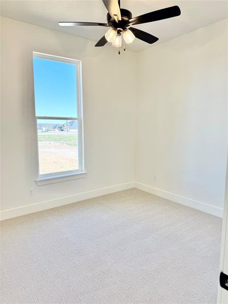 Empty room with carpet, a ceiling fan, and baseboards