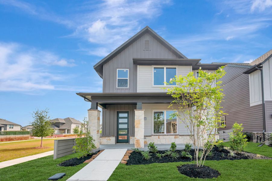 Front exterior of a new home in Pomona - Grove Row Collection, Manvel, TX, highlighting curb appeal (Image 28).