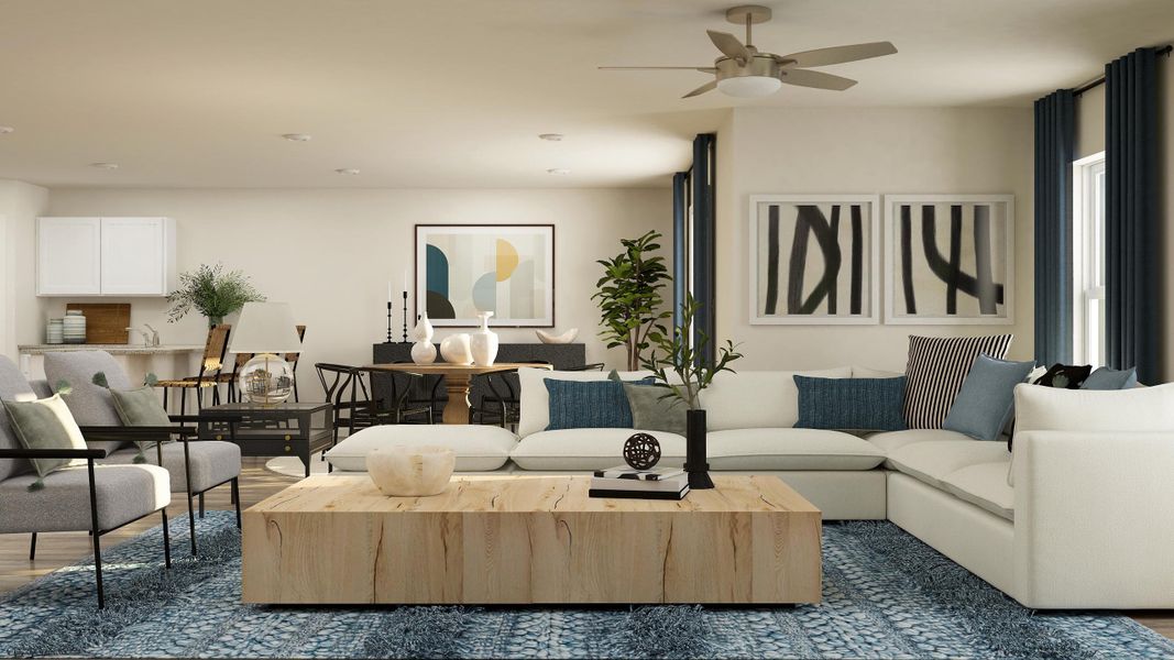 A living room with a large table and chairs. A living room with a large table and chairs.