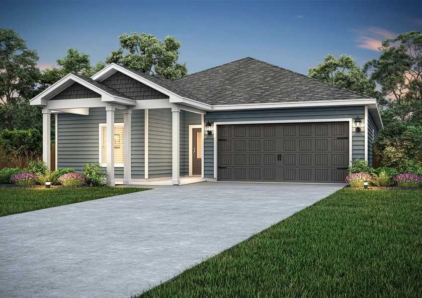 Rendering of the one-story Sage plan with a siding exterior. Rendering of the one-story Sage plan with a siding exterior.