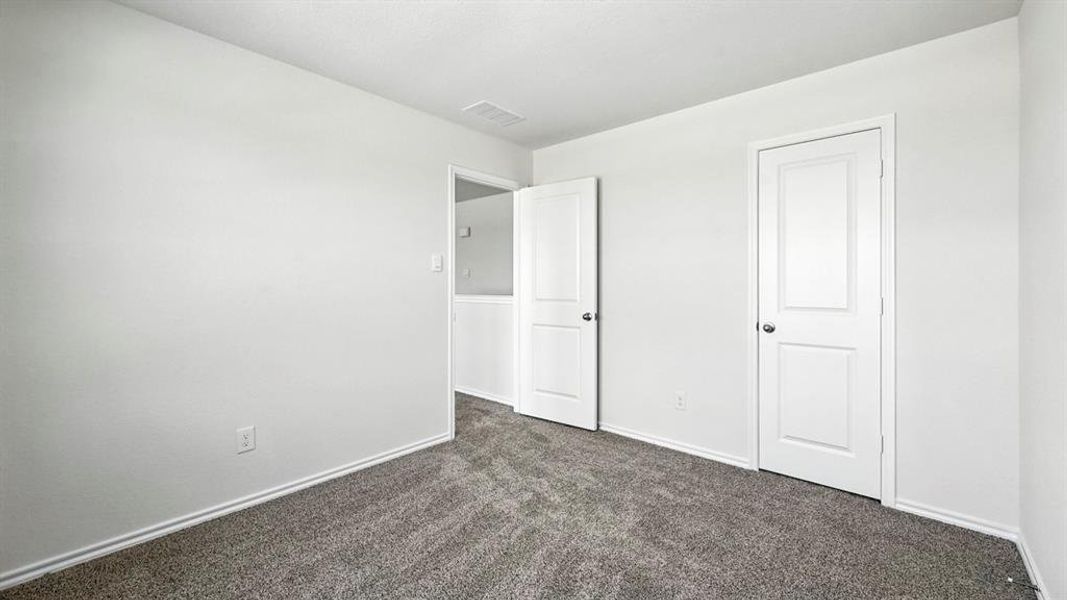 Neutral gray wall paint with white trim, gray patterned carpet, and two white paneled doors