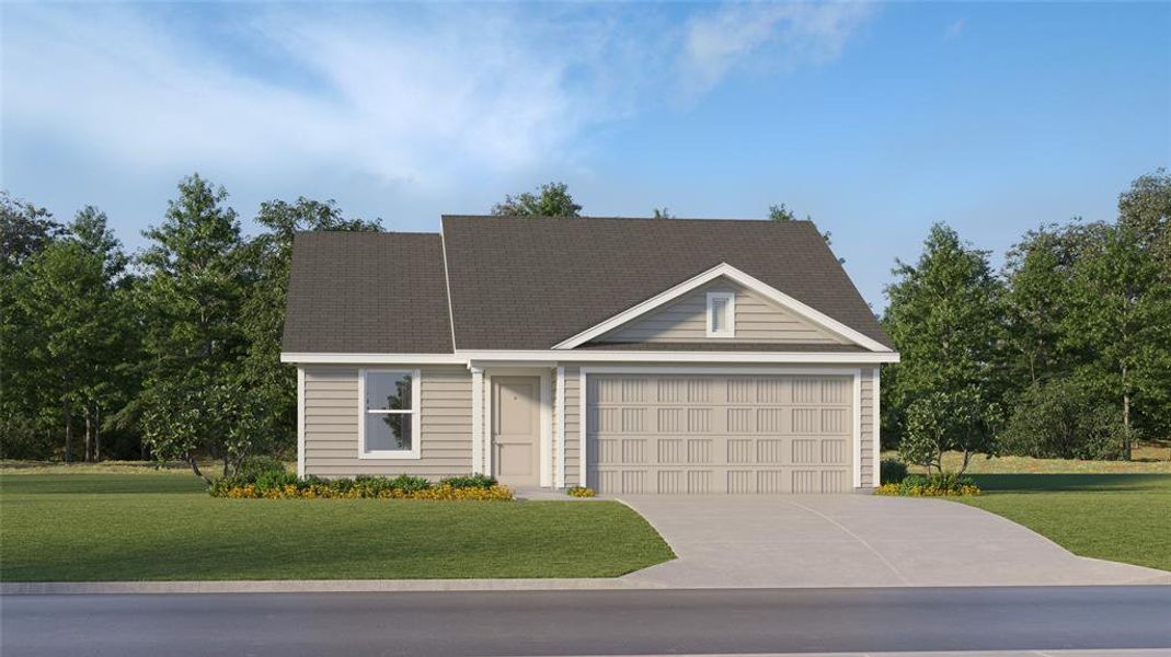 View of front of house with a front yard, driveway, an attached garage, and roof with shingles View of front of house with a front yard, driveway, an attached garage, and roof with shingles