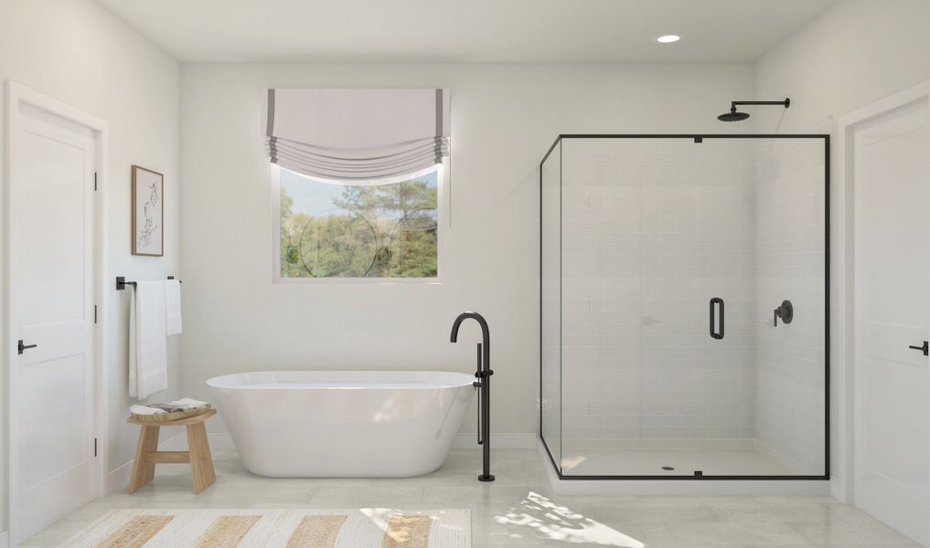 Primary with freestanding vanity and glass shower enclosure