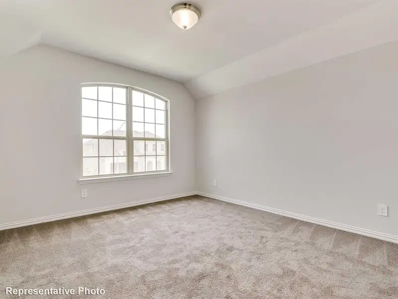 Spacious room featuring carpeting, neutral colored walls, a ceiling light fixture, and an arched window