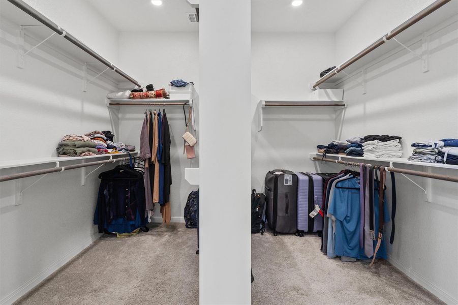 Walk in closet featuring light carpet