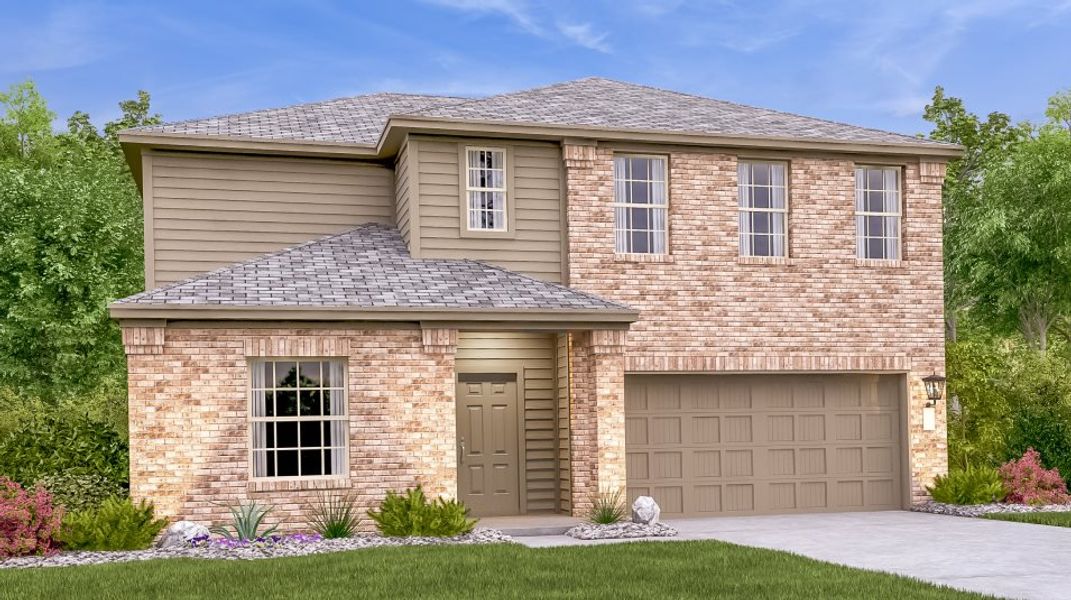 Front exterior of a new home in Woodfield Preserve, Georgetown, TX, highlighting curb appeal (Image 1). Front exterior of a new home in Woodfield Preserve, Georgetown, TX, highlighting curb appeal (Image 1).