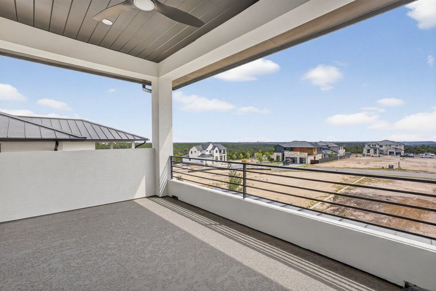 Exterior details and patio area of a home in Milky Way at River Place, Austin (Image 22).