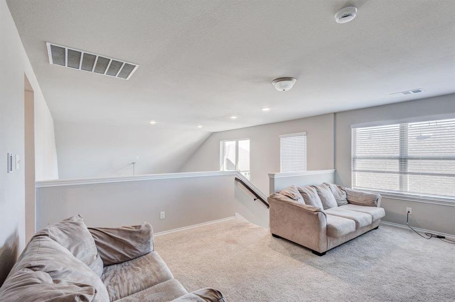 Carpeted living area with healthy amount of natural light and lofted ceiling Carpeted living area with healthy amount of natural light and lofted ceiling