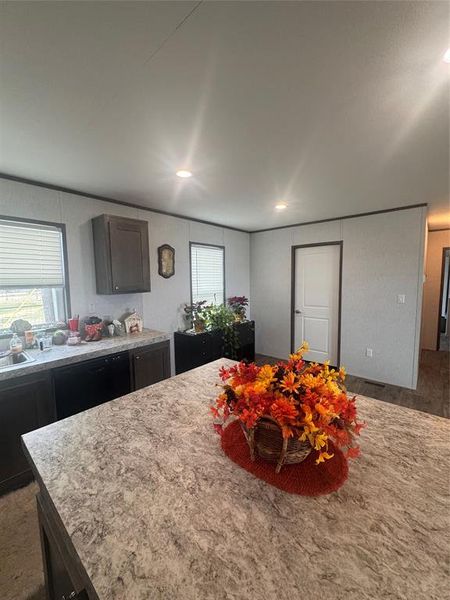 Kitchen featuring recessed lighting, dark wood finish cabinets, and black dishwasher Kitchen featuring recessed lighting, dark wood finish cabinets, and black dishwasher