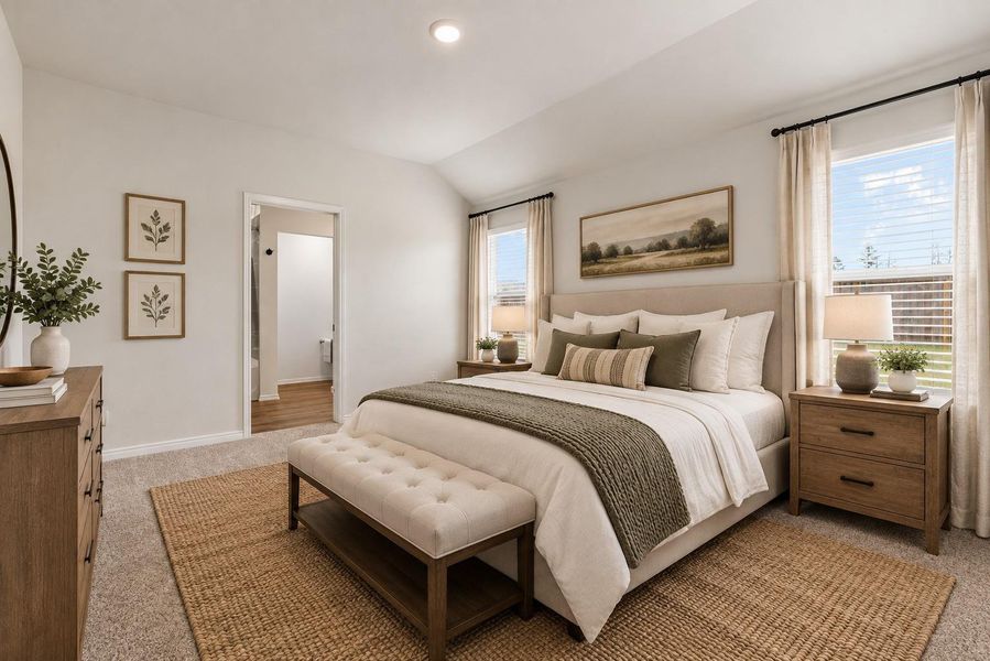 Virtually staged photo of primary bedroom. Virtually staged photo of primary bedroom.