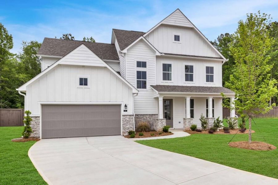 Front exterior of a new home in Maddox Landing, Hoschton, GA, highlighting curb appeal (Image 1).
