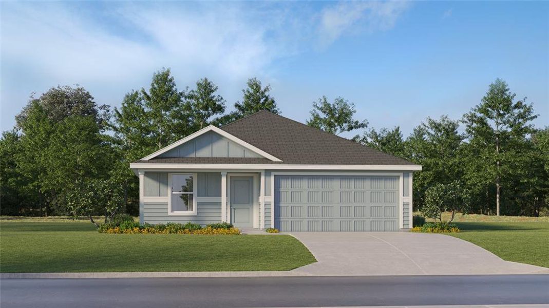 View of front of property featuring a front lawn and a garage