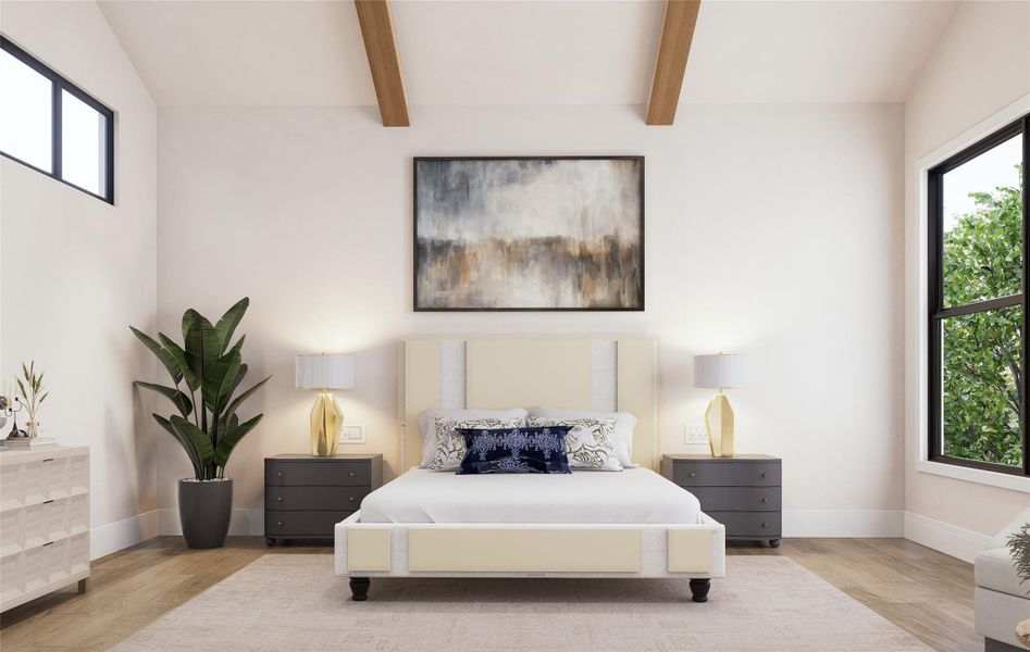This view of the primary suite illustrates the spacious layout and architectural features such as vaulted ceilings with exposed beams and oversized windows. The room’s styling with soft neutral tones, designer-inspired lighting, and layered textures demonstrates how the space can be shaped into a restful and refined retreat.