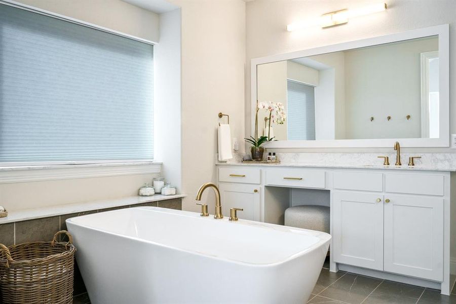 Serenity Meets Function - From the vanity’s clean lines to the soft lighting and generous mirror space, this bath was designed to support both beauty and function. Serenity Meets Function - From the vanity’s clean lines to the soft lighting and generous mirror space, this bath was designed to support both beauty and function.