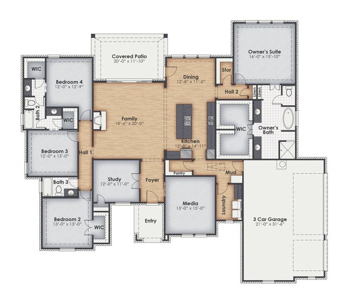 2D floor plan layout for the The Dallas by Kenmark Homes in Aledo Heights - Aledo ISD, Aledo, TX (Image 3). 2D floor plan layout for the The Dallas by Kenmark Homes in Aledo Heights - Aledo ISD, Aledo, TX (Image 3).
