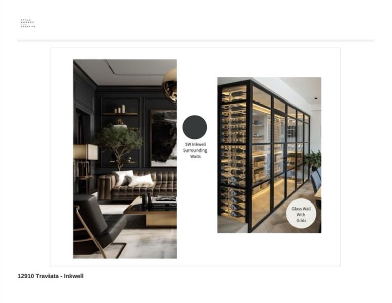 Adjacent to the living space, a striking glass-enclosed wine room with grid detailing creates a sophisticated focal point for entertaining. Architectural millwork surrounds the lounge seating area, delivering both warmth and elegance.