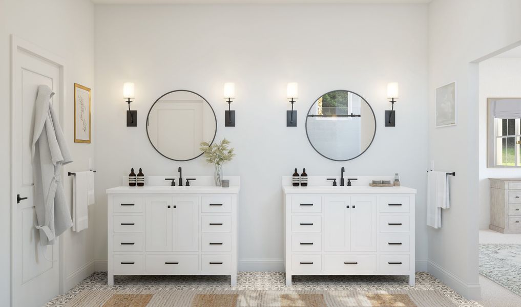 Double vanity & petal grey flooring in primary