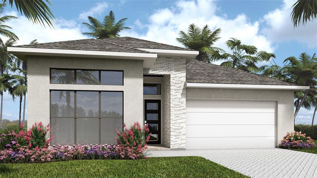 Front exterior of a new home in Turnleaf 50', Punta Gorda, FL, highlighting curb appeal (Image 1).