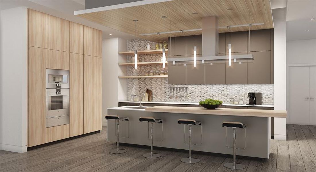 The kitchen features a striking design, equipped with high-quality German Gaggenau oven, range, and refrigerator, and sophisticated Italian cabinetry by Boffi. This seamless combination of elegance and practicality offers a refined space for culinary endeavors and entertaining.