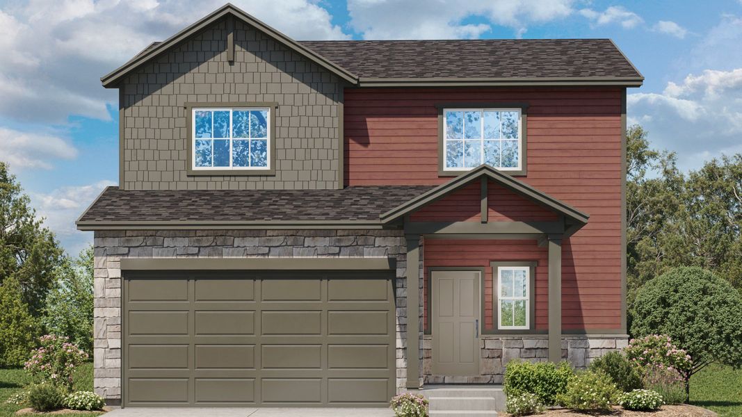 Representative exterior photo of a completed home built from the Cantata by DRB Homes in Granary, Johnstown, CO (Image 6). Representative exterior photo of a completed home built from the Cantata by DRB Homes in Granary, Johnstown, CO (Image 6).