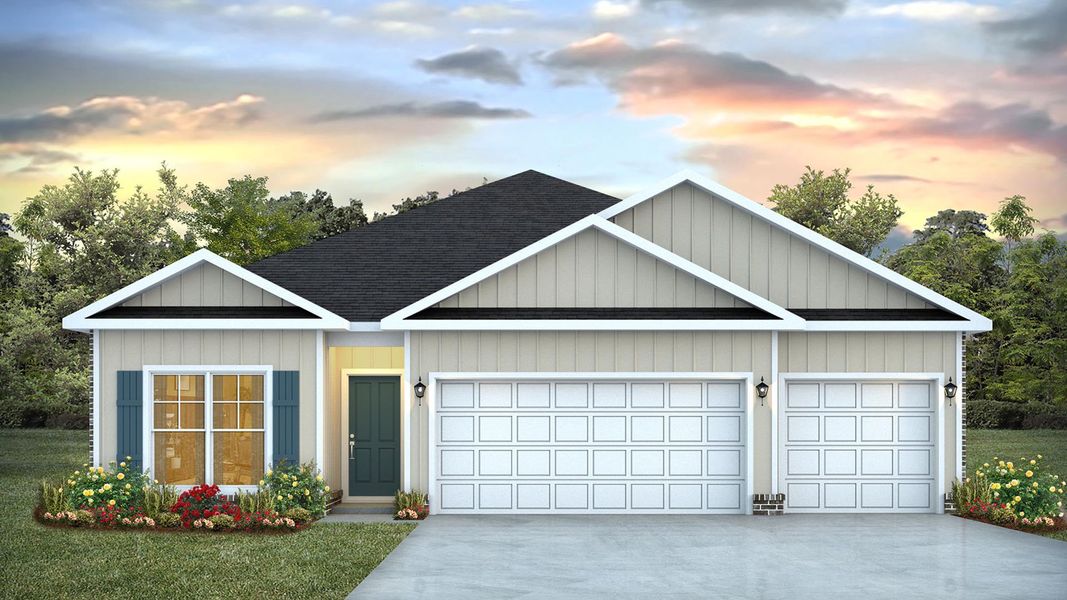 Front exterior of a new home in Owl's Head Farms, Freeport, FL, highlighting curb appeal (Image 1).