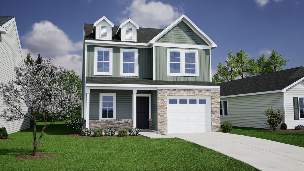 Representative exterior photo of a completed home built from the Evans - Genesis Value Collection by Mungo Homes in Hidden Springs, Lexington, SC (Image 21). Representative exterior photo of a completed home built from the Evans - Genesis Value Collection by Mungo Homes in Hidden Springs, Lexington, SC (Image 21).