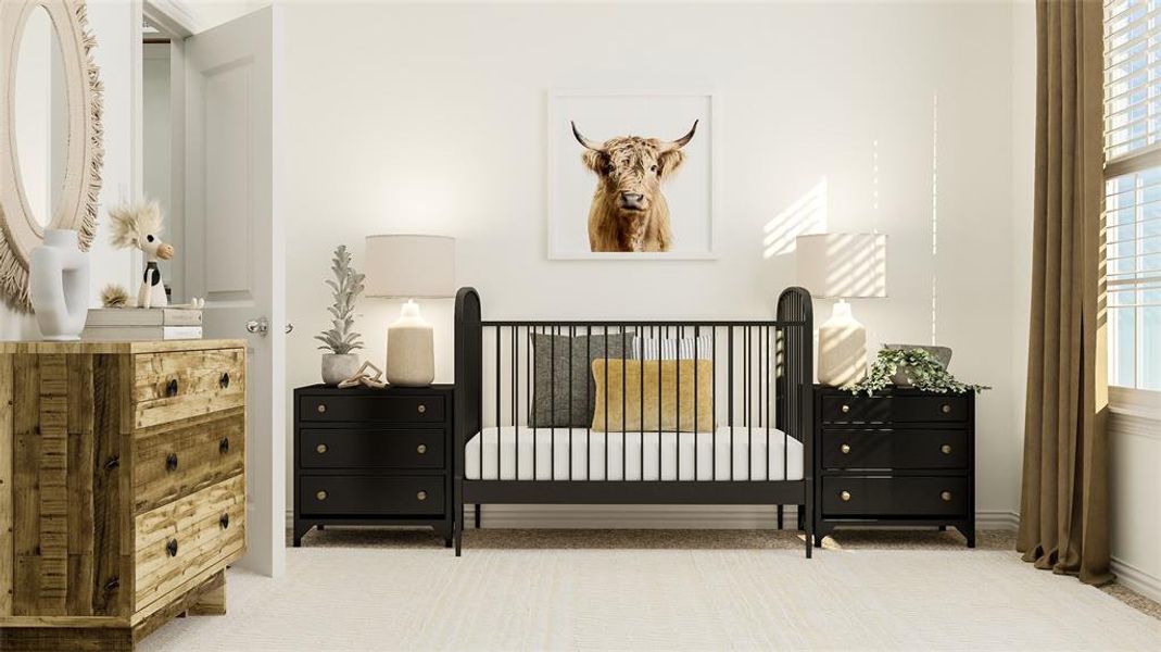 Carpeted bedroom featuring a crib