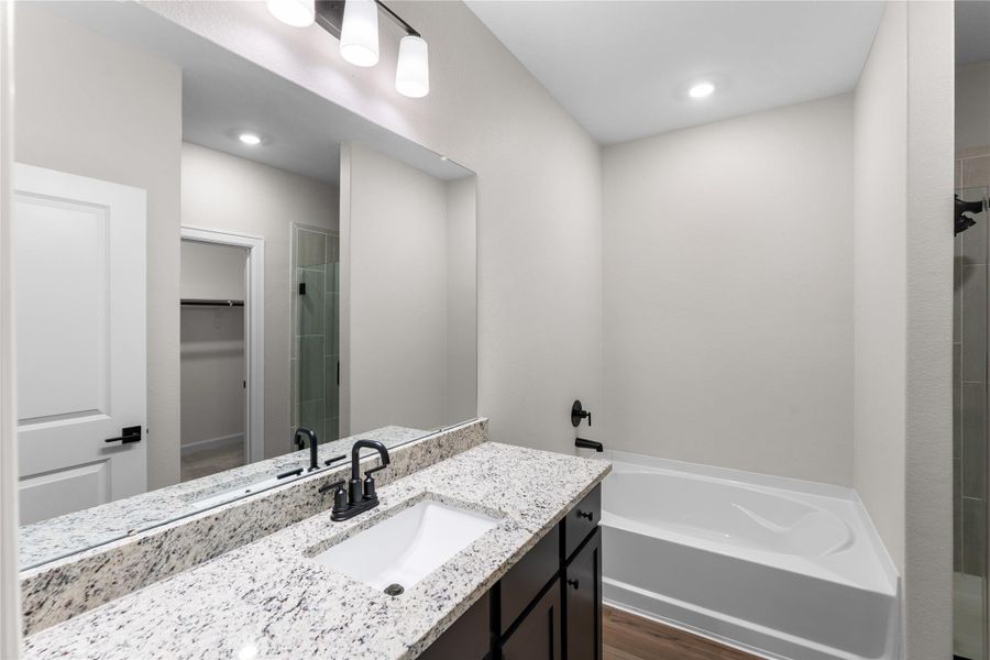 Spacious primary bath featuring granite countertops, a large vanity, soaking tub, separate walk-in shower, and an oversized walk-in closet. A comfortable retreat designed for both function and relaxation Spacious primary bath featuring granite countertops, a large vanity, soaking tub, separate walk-in shower, and an oversized walk-in closet. A comfortable retreat designed for both function and relaxation