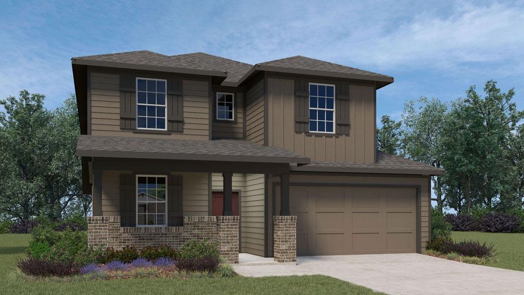 Front exterior of a new home in Talavera, Kyle, TX, highlighting curb appeal (Image 1). Front exterior of a new home in Talavera, Kyle, TX, highlighting curb appeal (Image 1).