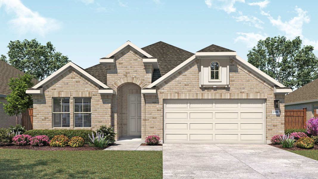 Representative exterior photo of a completed home built from the Juniper by DRB Homes in Devine Landing, Leander, TX (Image 1). Representative exterior photo of a completed home built from the Juniper by DRB Homes in Devine Landing, Leander, TX (Image 1).