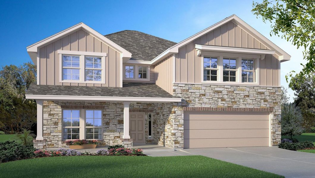 Representative exterior photo of a completed home built from the Kiawa by D.R. Horton in Southern Pointe, College Station, TX (Image 1). Representative exterior photo of a completed home built from the Kiawa by D.R. Horton in Southern Pointe, College Station, TX (Image 1).